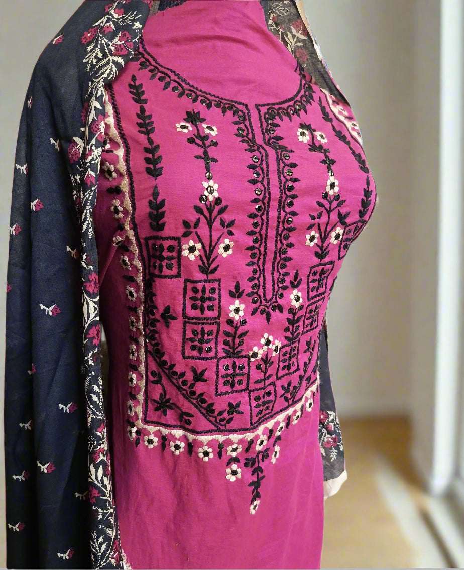 Manaz Pure Plain Lawn 3 Piece Hand Embroidery