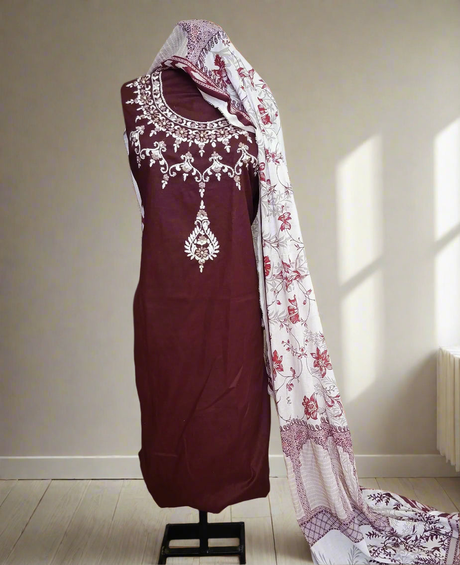 Manaz Pure Plain Lawn 3 Piece Hand Embroidery
