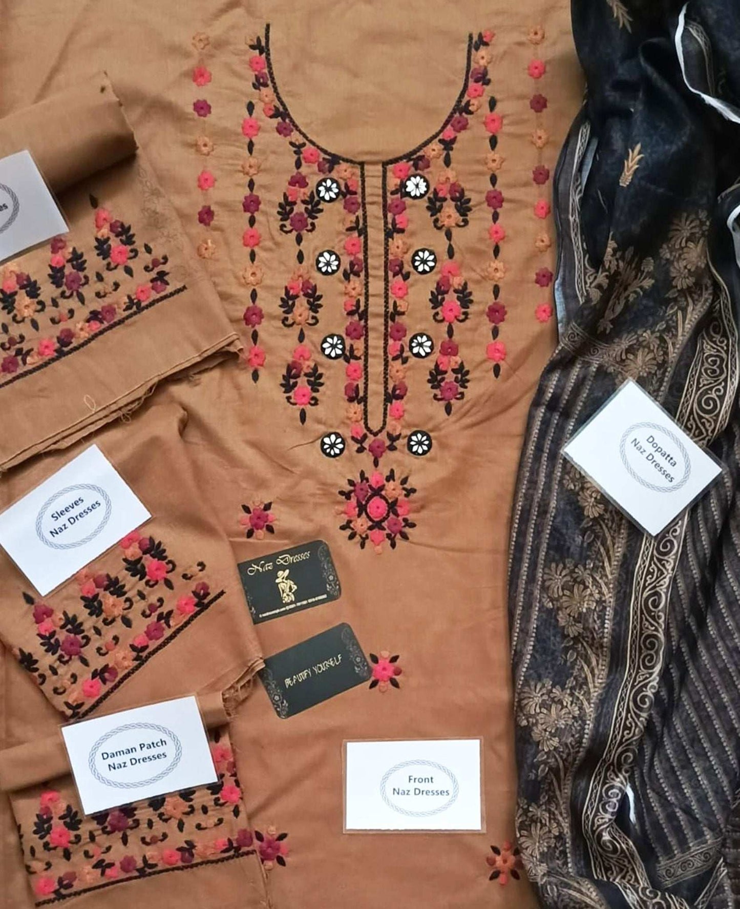 Manaz Pure Plain Lawn 3 Piece Hand Embroidery