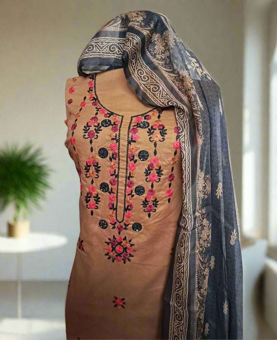 Manaz Pure Plain Lawn 3 Piece Hand Embroidery