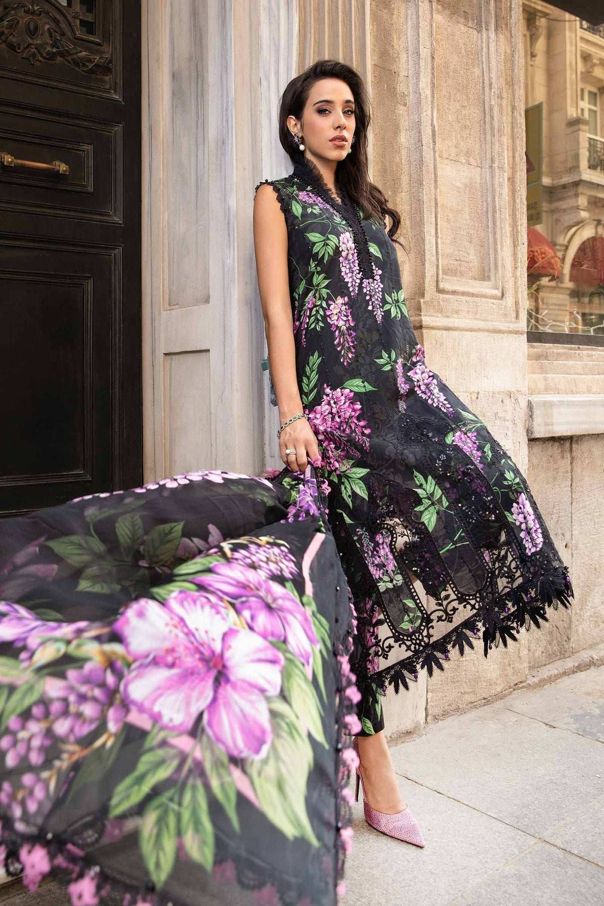 Maria B Black Purple Chikankari Lawn 3 Piece