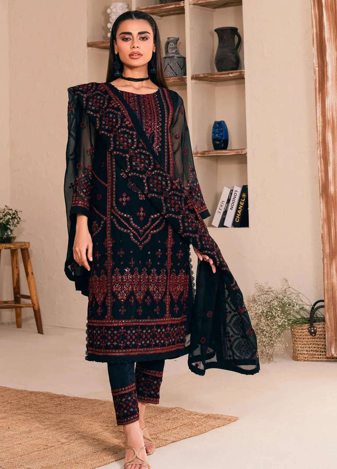 Noorma Kaamal 3 Piece Embroidered Black Formal Chiffon