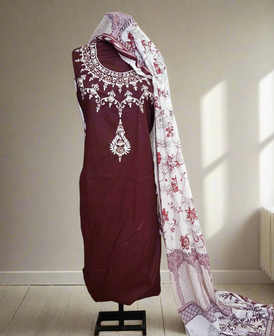 Manaz Pure Plain Lawn 3 Piece Hand Embroidery