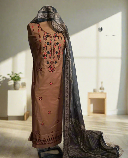 Manaz Pure Plain Lawn 3 Piece Hand Embroidery