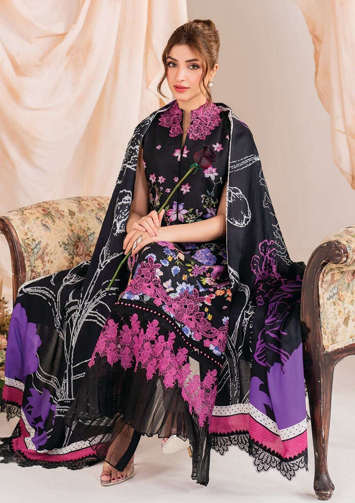 Asifa Nabeel Black Luxury Embroidered Lawn 3 Piece
