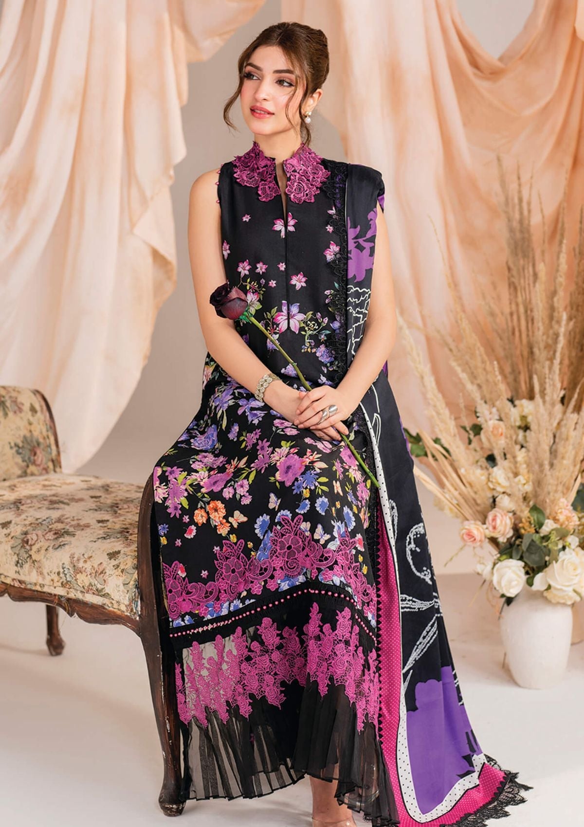 Asifa Nabeel Black Luxury Embroidered Lawn 3 Piece NazDresses