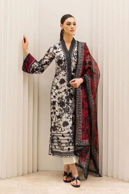 3 Piece Unstitched Embroidered Pure Lawn Suit with Printed Chiffon Dupatta
