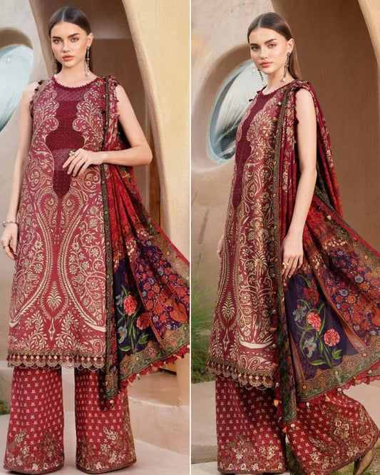 Maria B Maroon Embroidered Pure Lawn 3 Pc