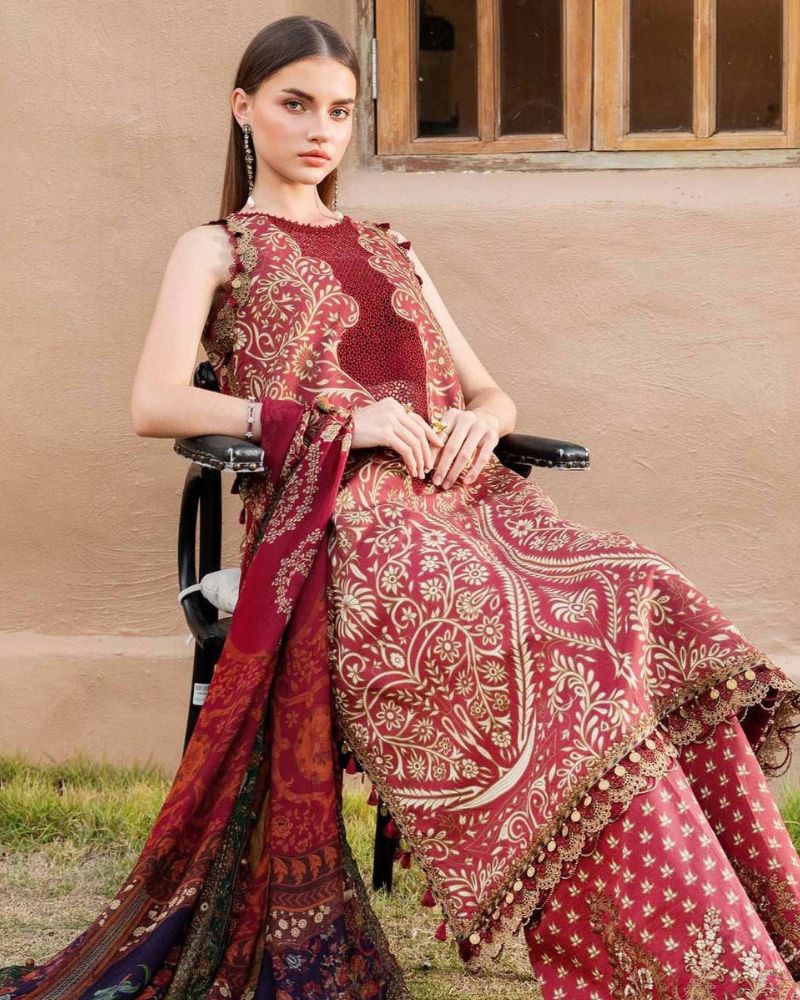 Maria B Maroon Embroidered Pure Lawn 3 Pc