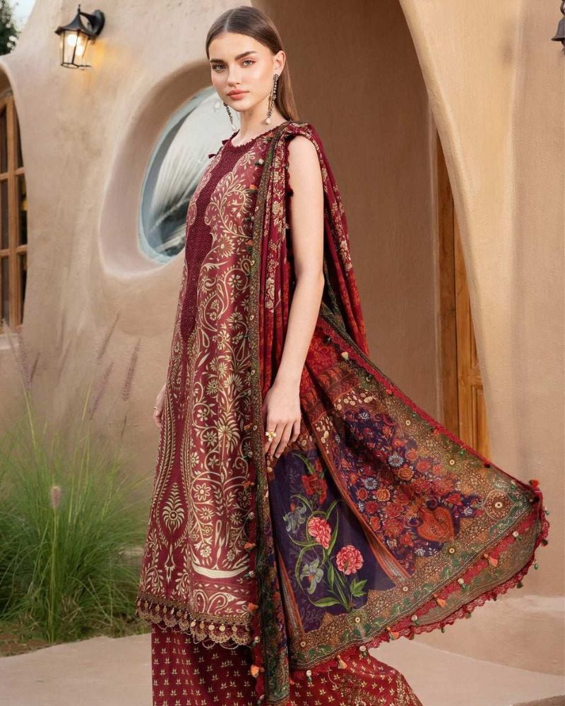 Maria B Maroon Embroidered Pure Lawn 3 Pc