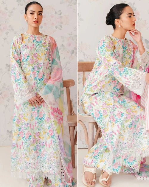 3 Piece Unstitched Embroidered Chicken Kari Lawn Suit with Printed Chiffon Dupatta