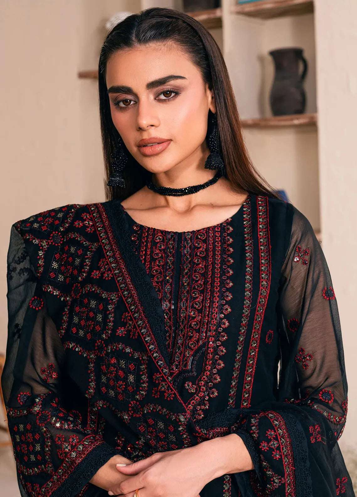 Noorma Kaamal 3 Piece Embroidered Black Formal Chiffon
