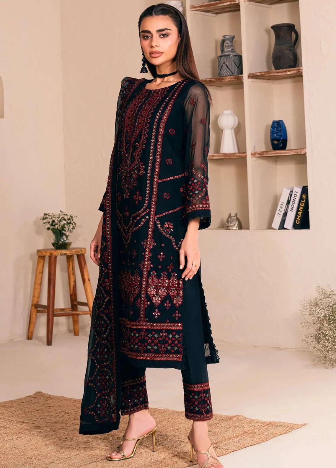 Noorma Kaamal 3 Piece Embroidered Black Formal Chiffon