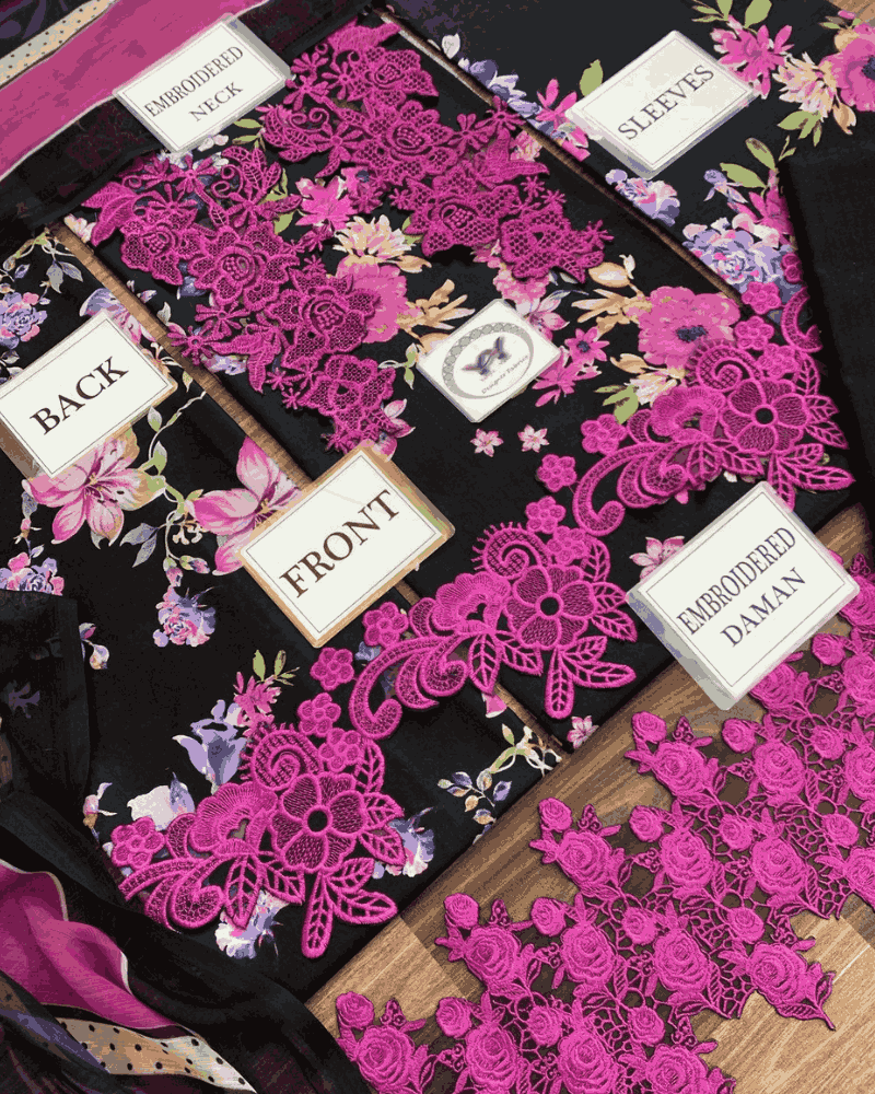 3 Piece Unstitched Embroidered Pure Lawn Suit with Printed Chiffon Dupatta