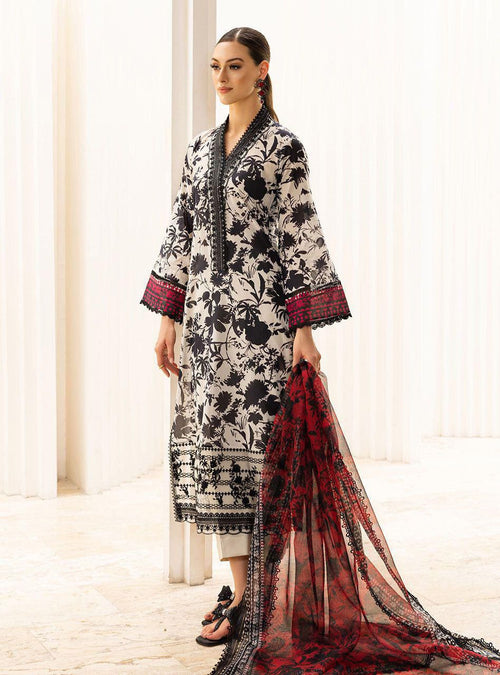 3 Piece Unstitched Embroidered Pure Lawn Suit with Printed Chiffon Dupatta